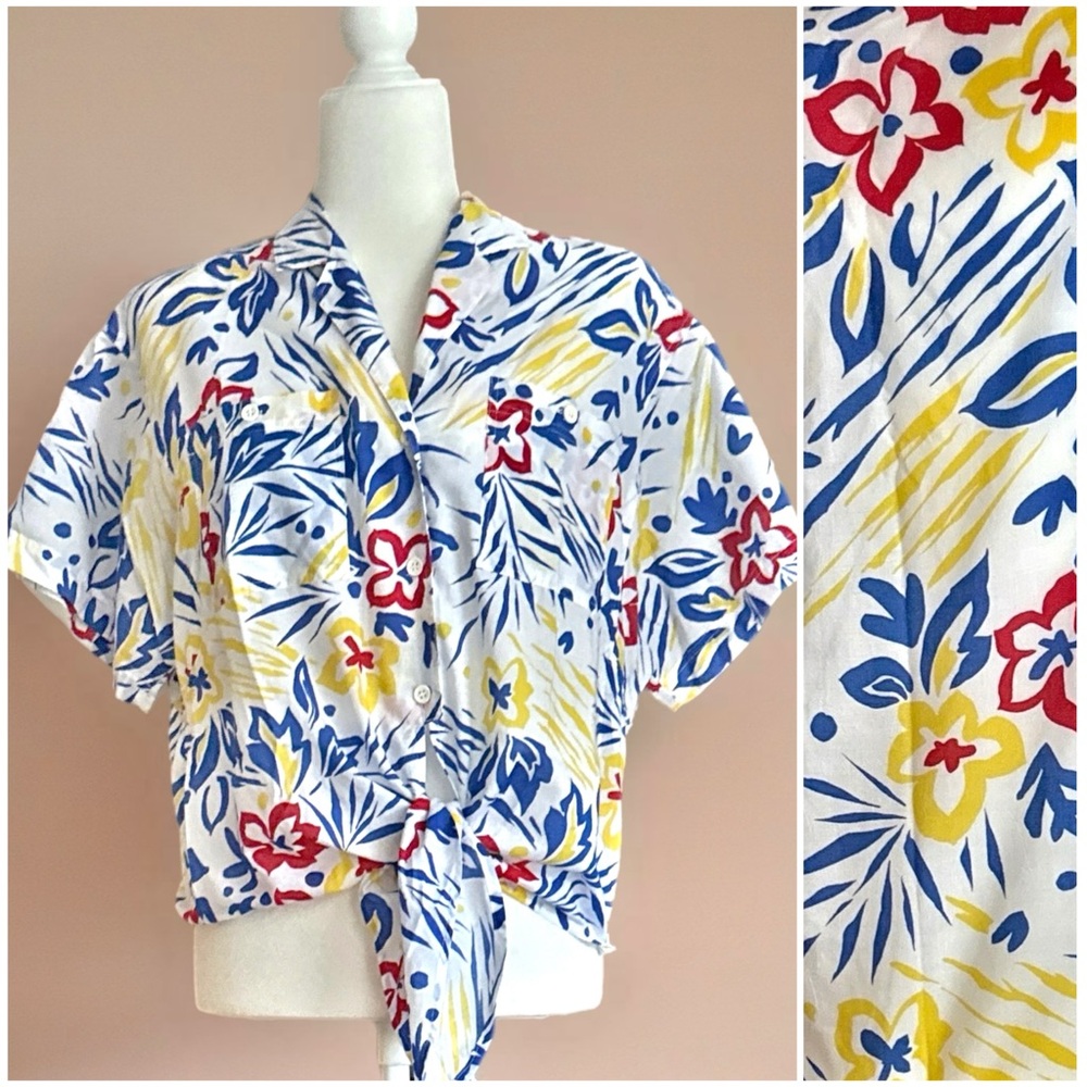 David Matthew Vtg 80s Resort Tropical Floral Button-Up Tie-Front Shirt Size 14 - Picture 2 of 13